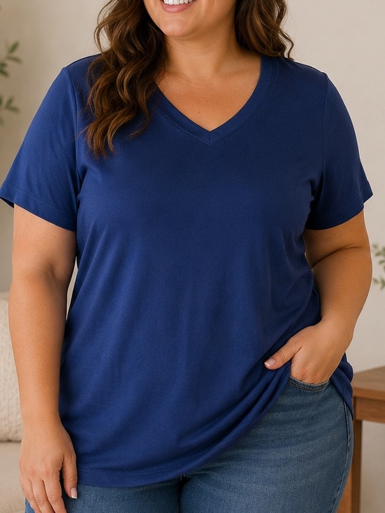Tops - Classic V-Neck Short Sleeve Top - Navy